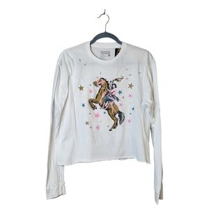 NWT American Highway Cowgirl Graphic Distressed Cropped Long Sleeve Cotton Tee